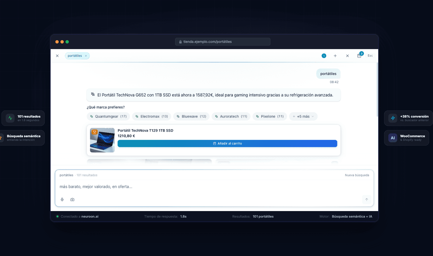 Neuroon AI mostrando resultados de búsqueda con productos relevantes